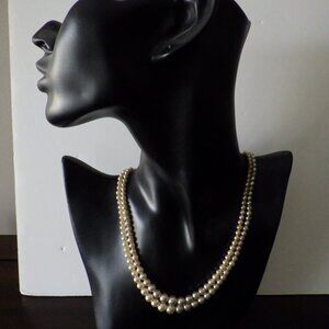 Faux Cream Rose Pearl Necklace Double Strand with Silver Clasp 16" Long Vintage